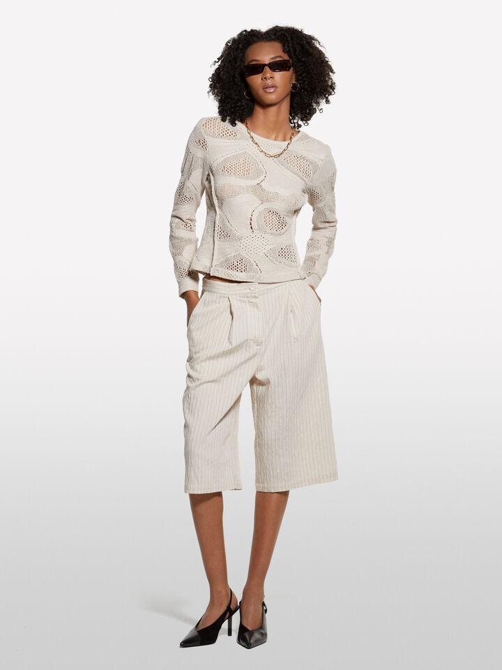 Cream white striped bermudas - women's shorts - Creamy White | Sisley image number 1